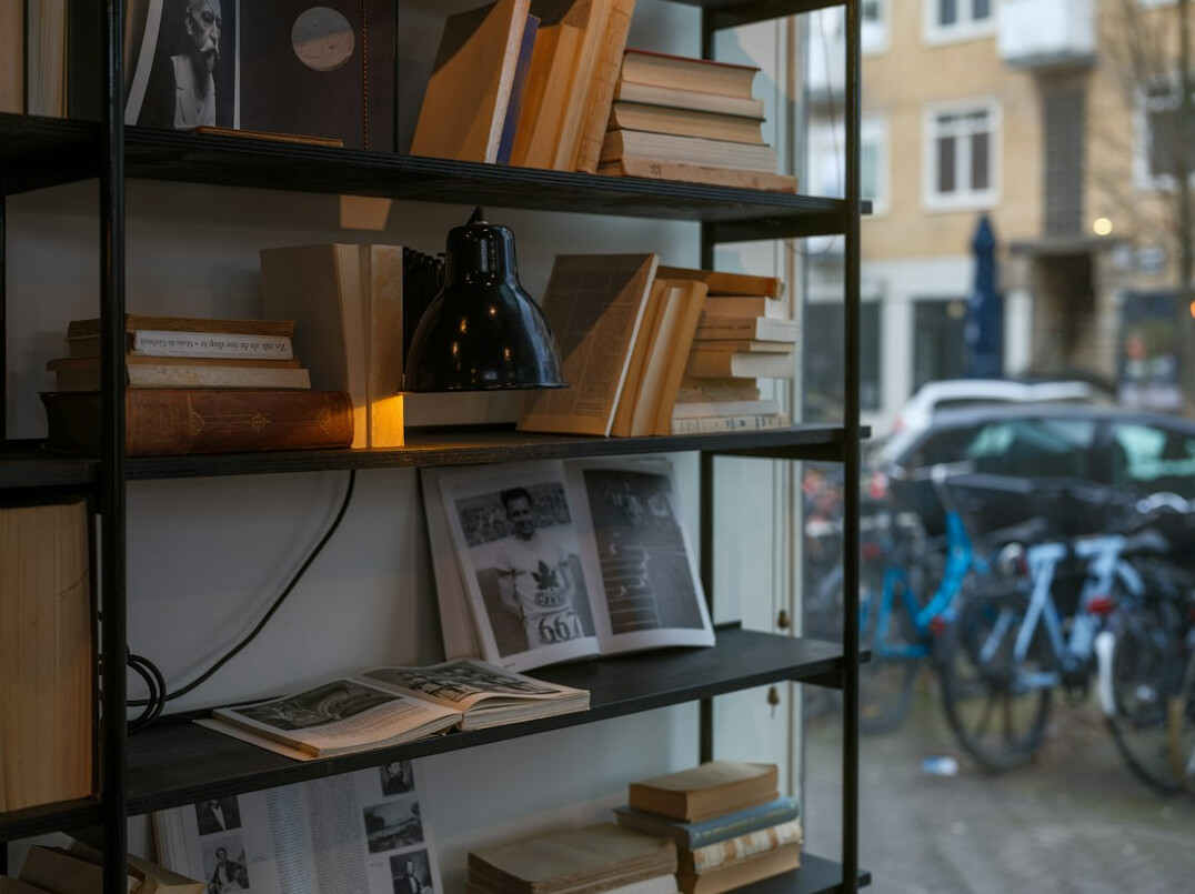 Bookshelf with household reference books and a reading lamp